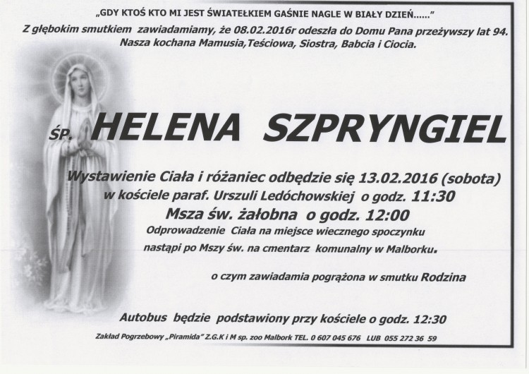 Zmarła Helena Szpryngiel. Żyła 94 lata.