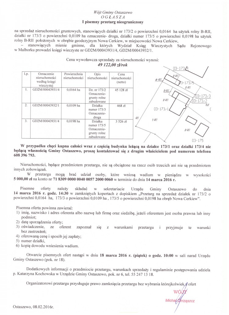 Wójt Gminy Ostaszewo O G Ł A S Z A I pisemny przetarg nieograniczony&#8230;