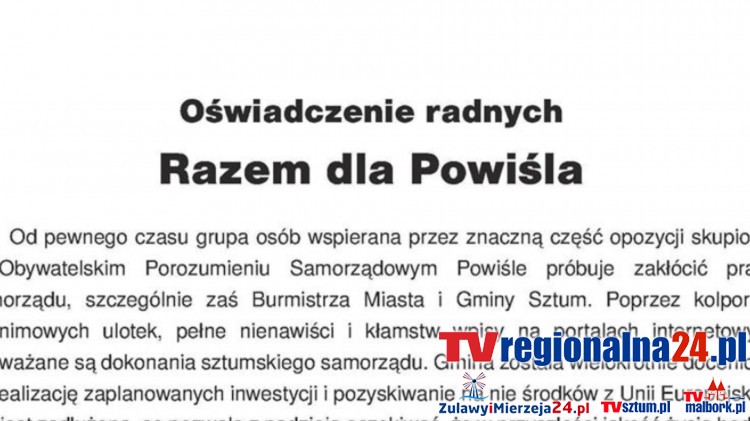 Sztum. Oświadczenie radnych Razem dla Powiśla - 12.02.2016