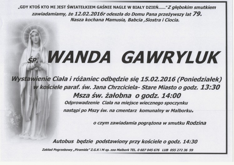 Zmarła Wanda Gawryluk. Żyła 79 lat.