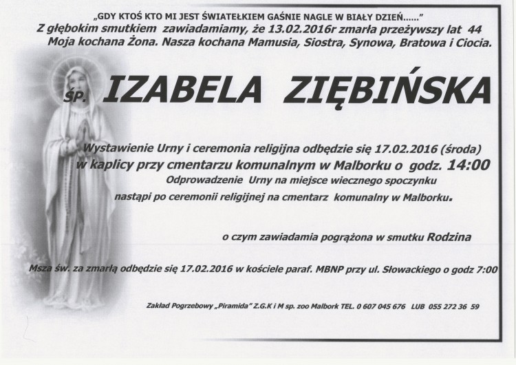 Zmarła Izabela Żiębińska. Żyła 44 lata.