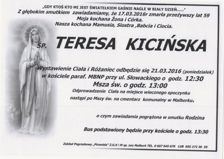 Zmarła Teresa Kicińska. Żyła 59 lat.