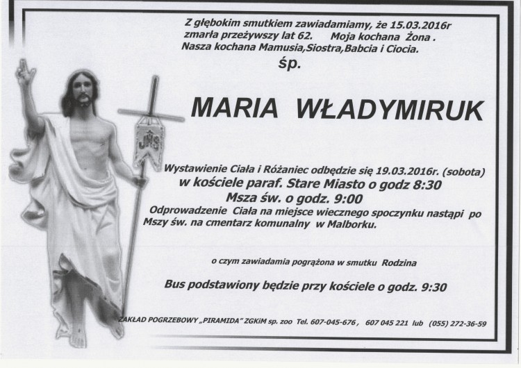 Zmarła Maria Władymiruk. Żyła 65 lat.