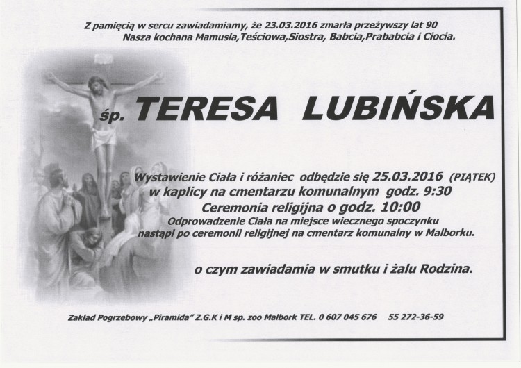 Zmarła Teresa Lubińska. Żyła 90 lat.