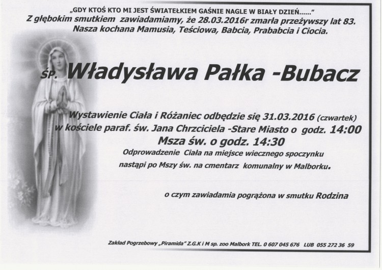 Zmarła Władysława Pałka-Bubacz. Żyła 83 lata.