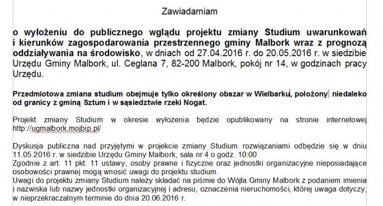 Ogłoszenie o wyłożeniu do publicznego wglądu projektu zmiany Studium&#8230;