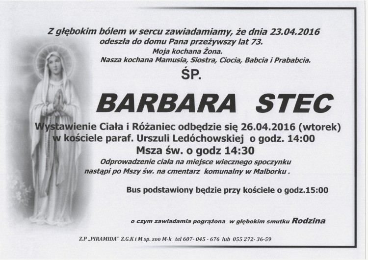 Zmarła Barbara Stec. Żyła 73 lata.