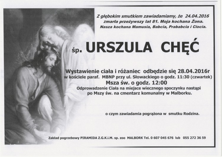 Zmarła Urszula Chęć. Żyła 81 lat.