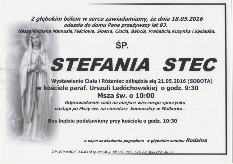 Zmarła Stefania Stec. Żyła 83 lata.