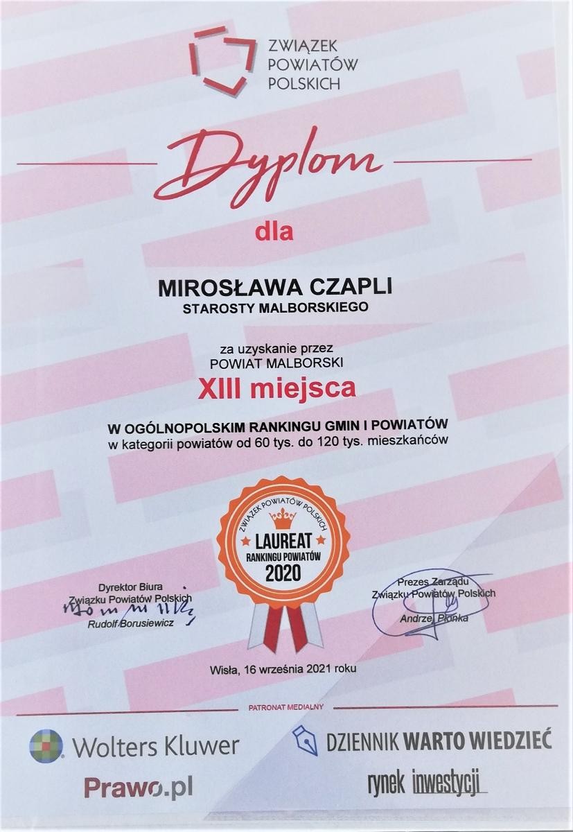 Powiat Malborski wyróżniony w Ogólnopolskim Rankingu Gmin i Powiatów.