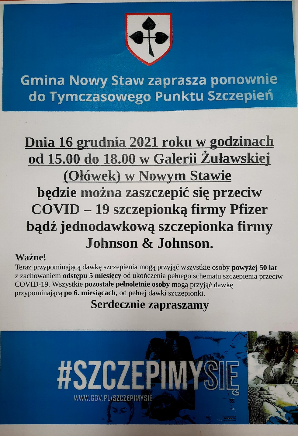 Burmistrz Jerzy Szałach zaprasza na szczepienie do Nowego Stawu.