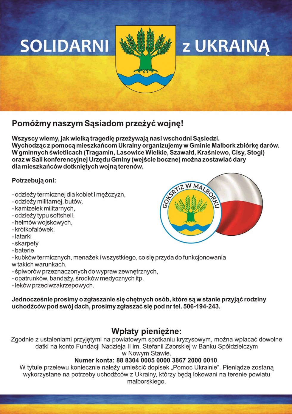 Gmina Malbork organizuje zbiórkę dla mieszkańców Ukrainy – pomóżmy naszym sąsiadom przeżyć wojnę!