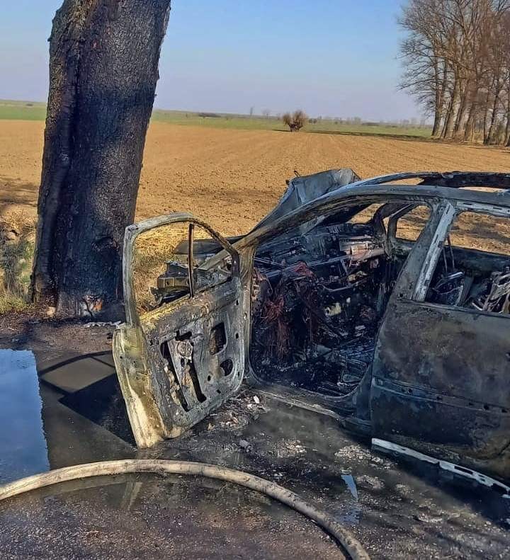 Nowy Dwór Gdański. Osobówka uderzyła w drzewo i spłonęła - nie żyje kierowca.