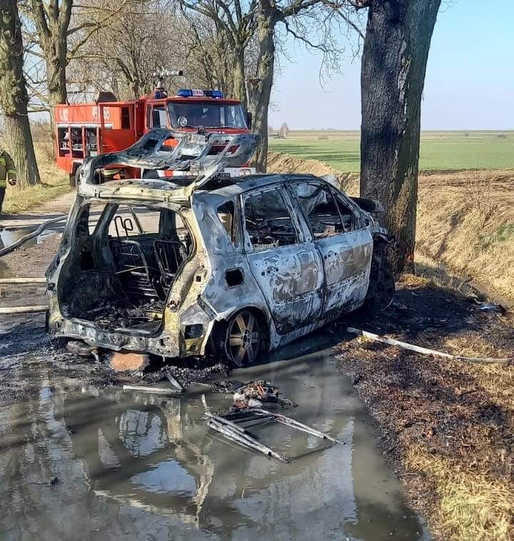 Nowy Dwór Gdański. Osobówka uderzyła w drzewo i spłonęła - nie żyje kierowca.
