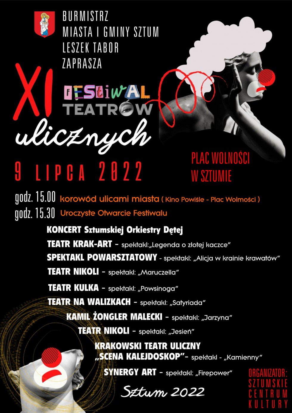 Sztum. W piątek XI Festiwal Teatrów Ulicznych. Szczegóły na plakacie.