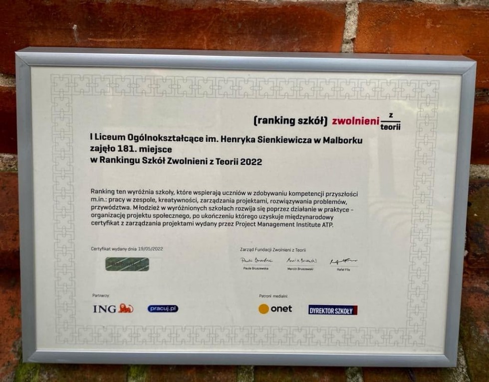 Malbork. I LO w Rankingu Szkół Zwolnieni z Teorii 2022.