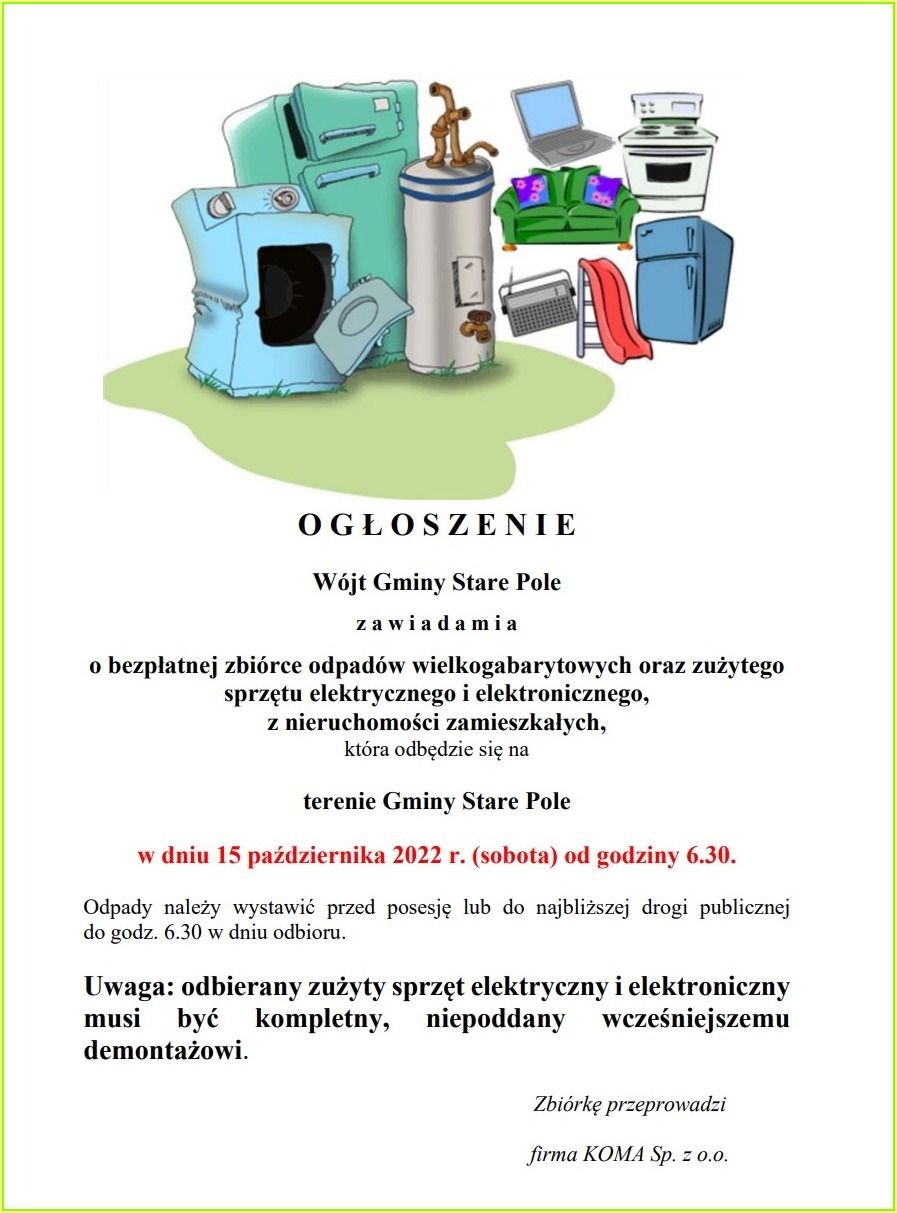 Gmina Stare Pole. Zbiórka odpadów wielkogabarytowych i zużytego sprzętu elektronicznego.