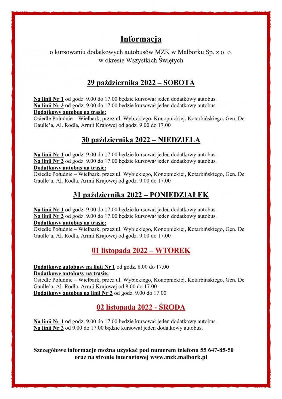 Malbork. Informacja o kursowaniu autobusów w okresie Wszystkich Świętych.