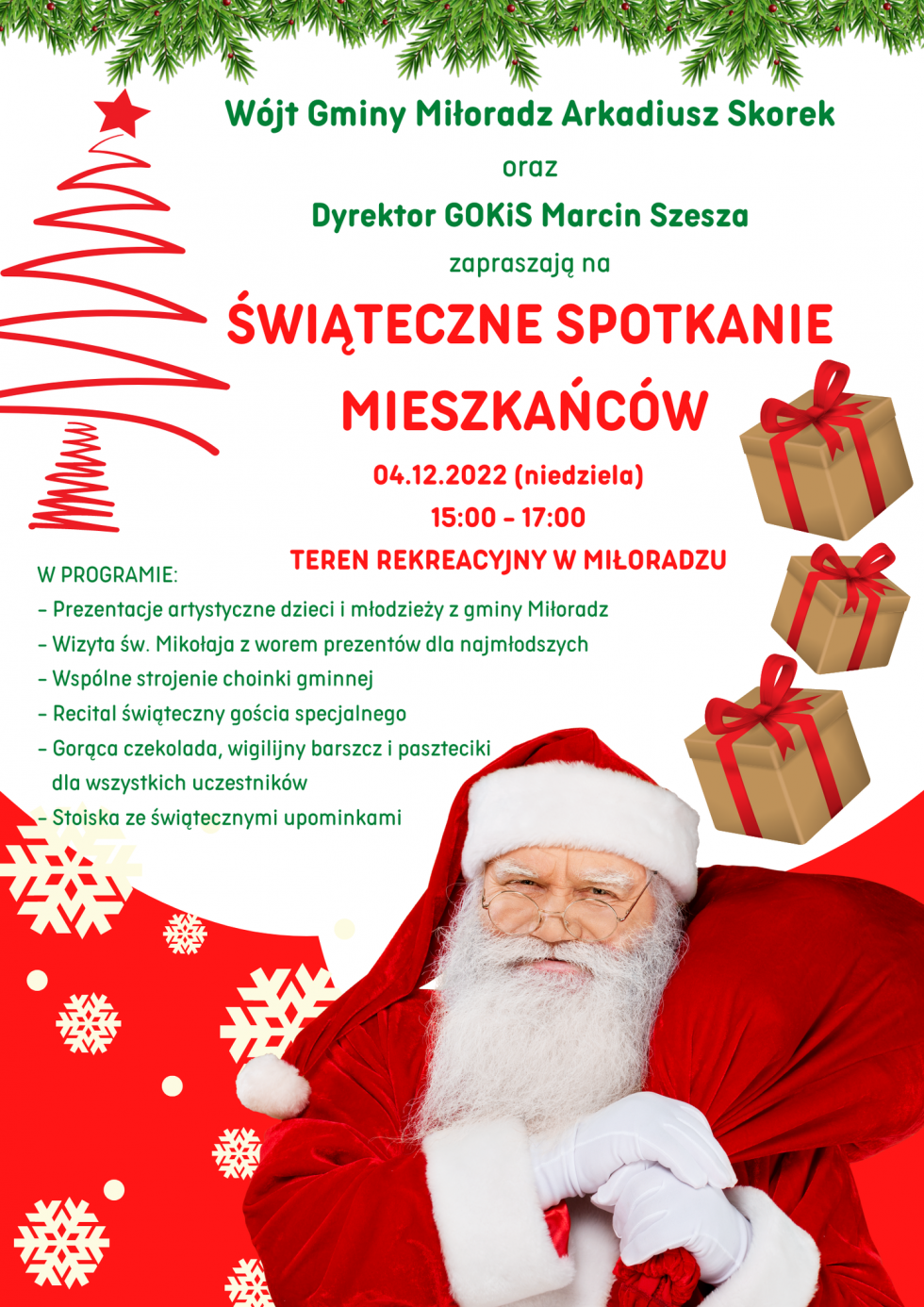 Gmina Miłoradz. W grudniu Świąteczne Spotkanie Mieszkańców. Szczegóły na plakacie.