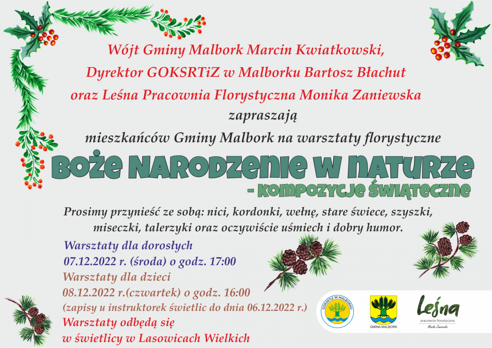 Gmina Malbork. Boże Narodzenie w naturze – warsztaty florystyczne dla dzieci i dorosłych.