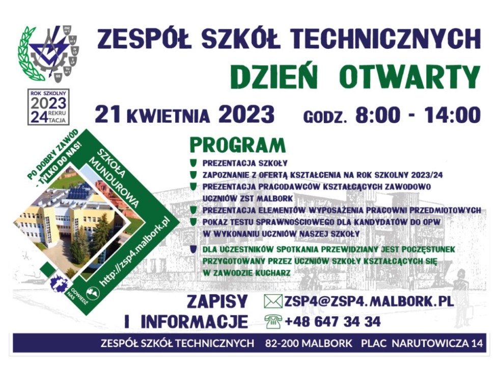 Malbork. Dzień Otwarty w Zespole Szkół Technicznych. Szczegóły na plakacie.
