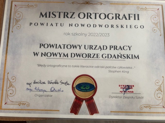 Nowy Dwór Gdański. Powiatowy Urząd Pracy najlepszy w konkursie ortograficznym.