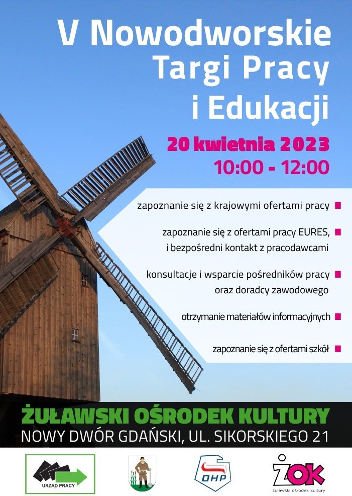 Nowodworskie Targi Pracy i Edukacji. Szczegóły na plakacie.