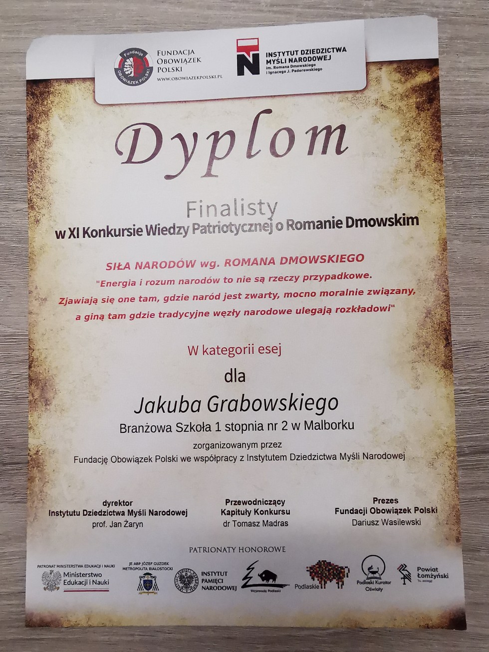 Malbork. Sukces wychowanka MOW w Ogólnopolskim Konkursie Wiedzy Patriotycznej.