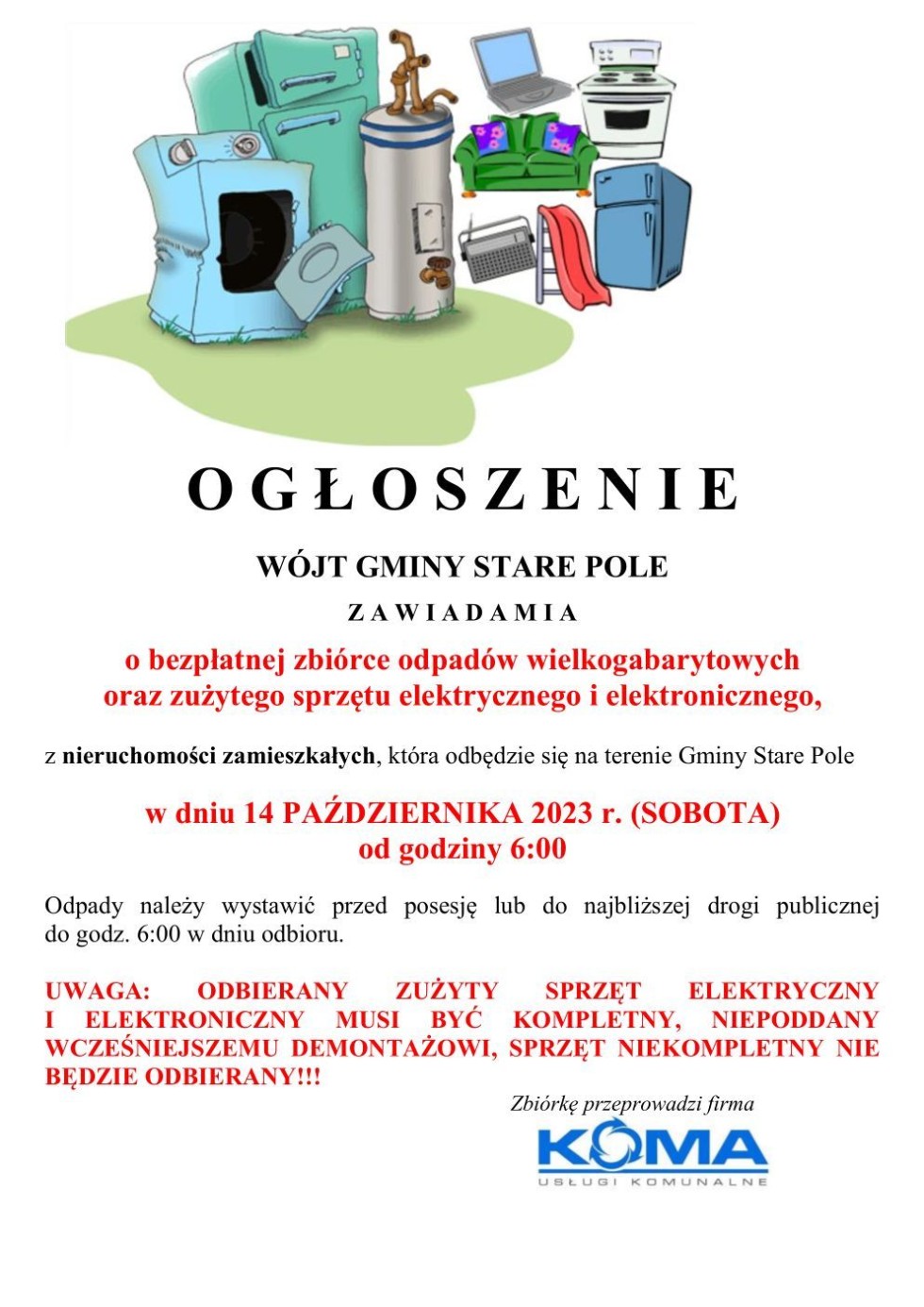 Gmina Stare Pole. W sobotę bezpłatna zbiórka odpadów wielkogabarytowych.