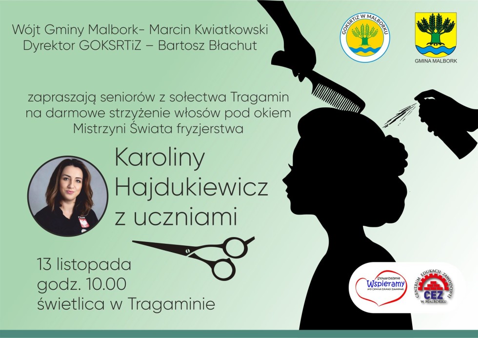 Gmina Malbork. Bezpłatne strzyżenie dla seniorów z sołectwa Tragamin pod okiem Mistrzyni Świata Karoliny Hajdukiewicz.