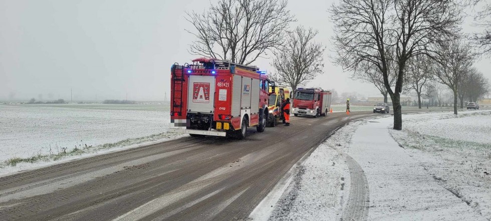 Gmina Nowy Staw. Auto wpadło w poślizg i uderzyło w drzewo - kobieta trafiła do szpitala.