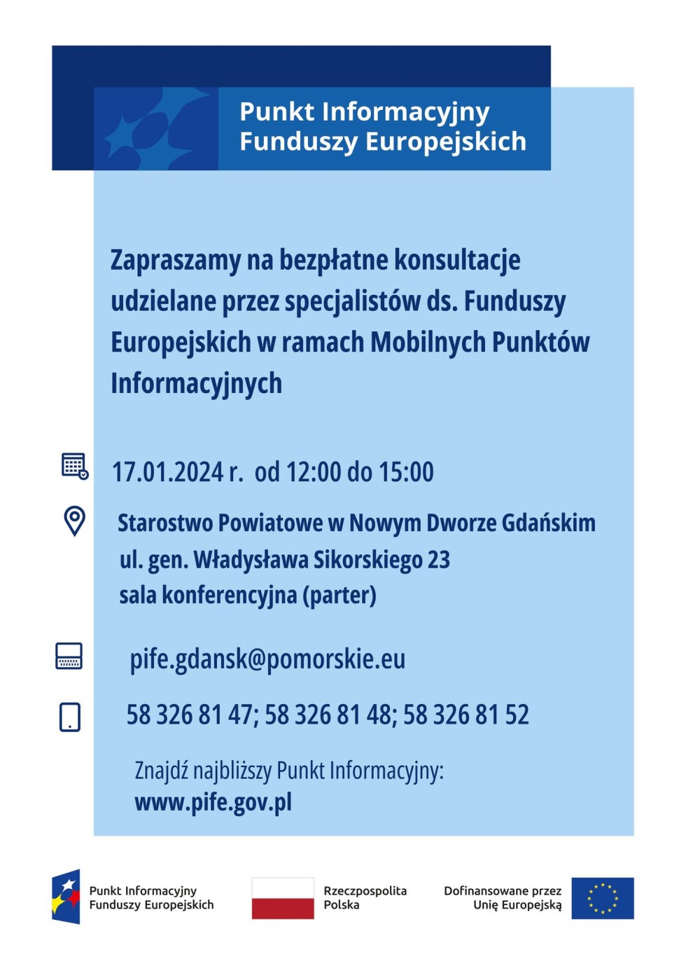 Nowy Dwór Gdański. Zaproszenie na bezpłatne konsultacje ds. Funduszy Europejskich.