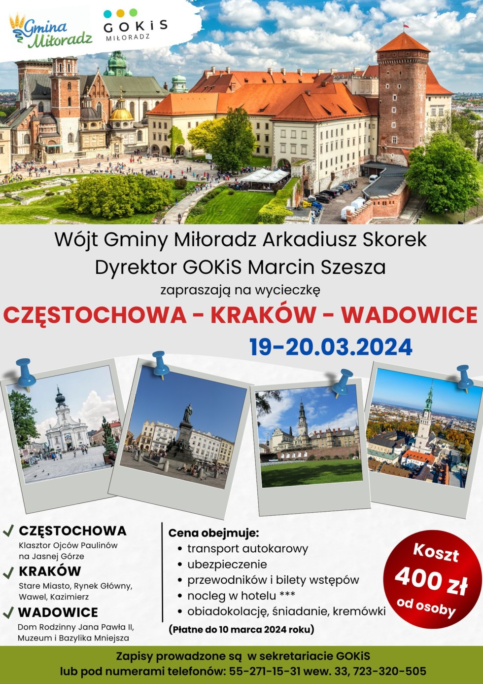 Gmina Miłoradz. Zwiedź z nami Częstochowę-Kraków-Wadowice. Zaproszenie na wycieczkę.