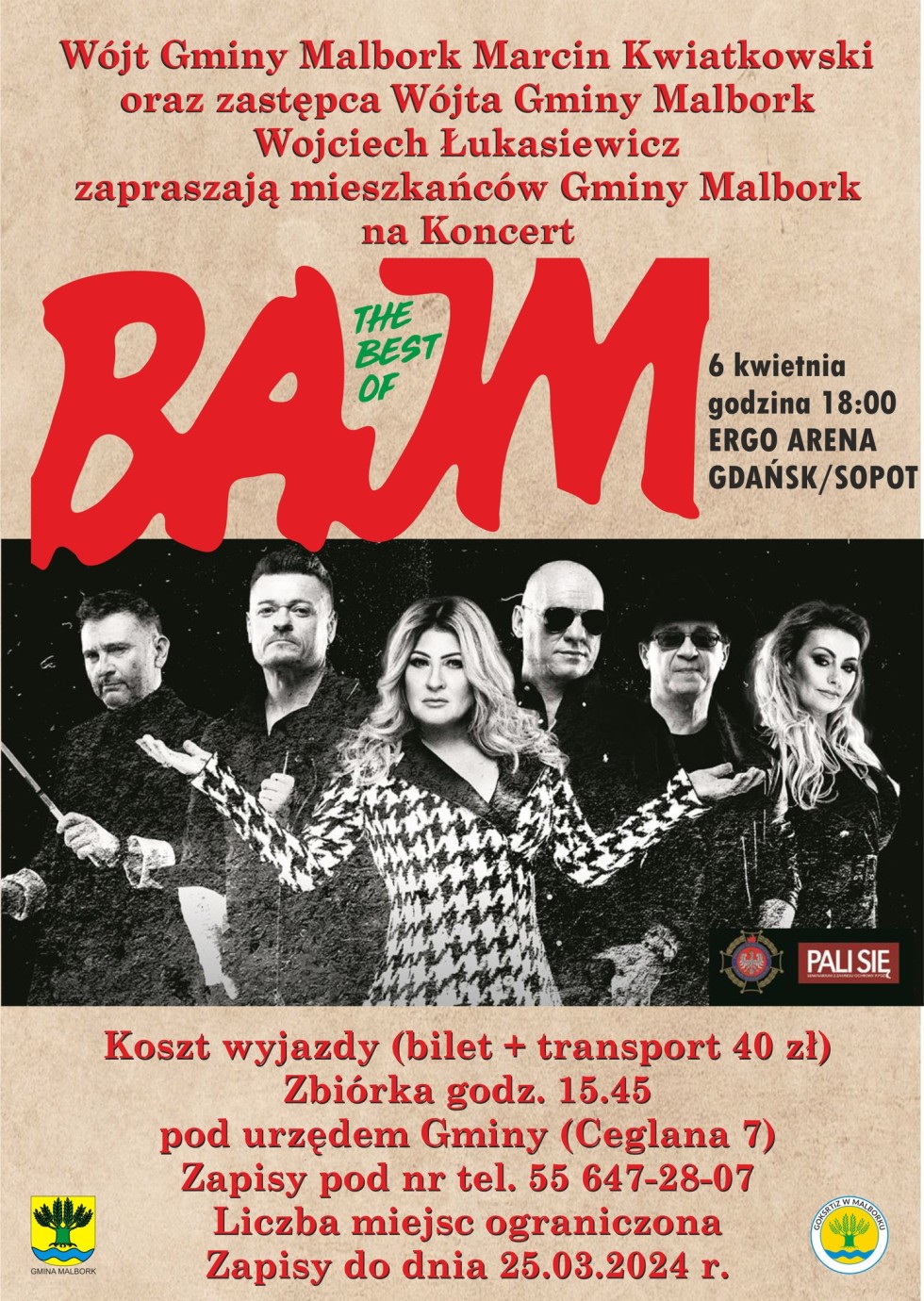 Gmina Malbork. Zaproszenie na koncert zespołu Bajm.