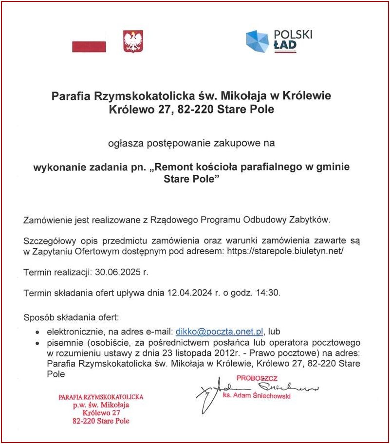 Gmina Stare Pole. Ogłoszono postępowanie zakupowe na remont kościoła w Królewie.
