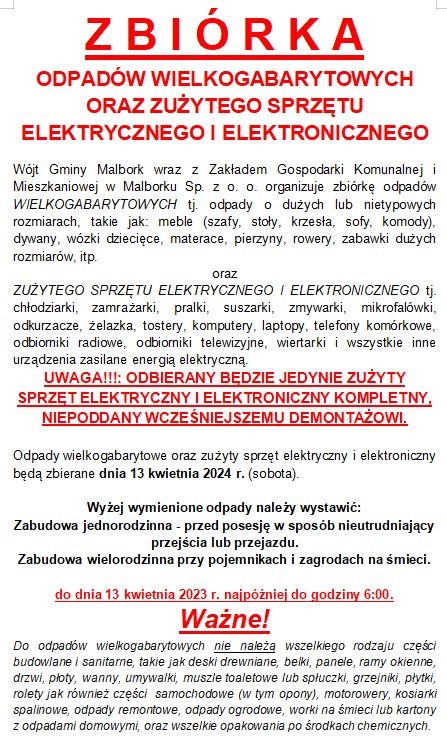 Gmina Malbork. 13 kwietnia odbędzie się zbiórka odpadów wielkogabarytowych oraz zużytego sprzętu elektrycznego i elektronicznego.