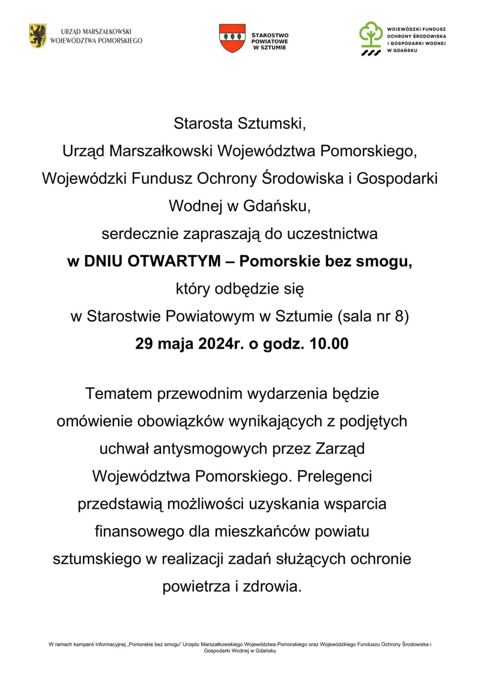 Sztum. Pomorskie bez smogu – zaproszenie na Dzień Otwarty.