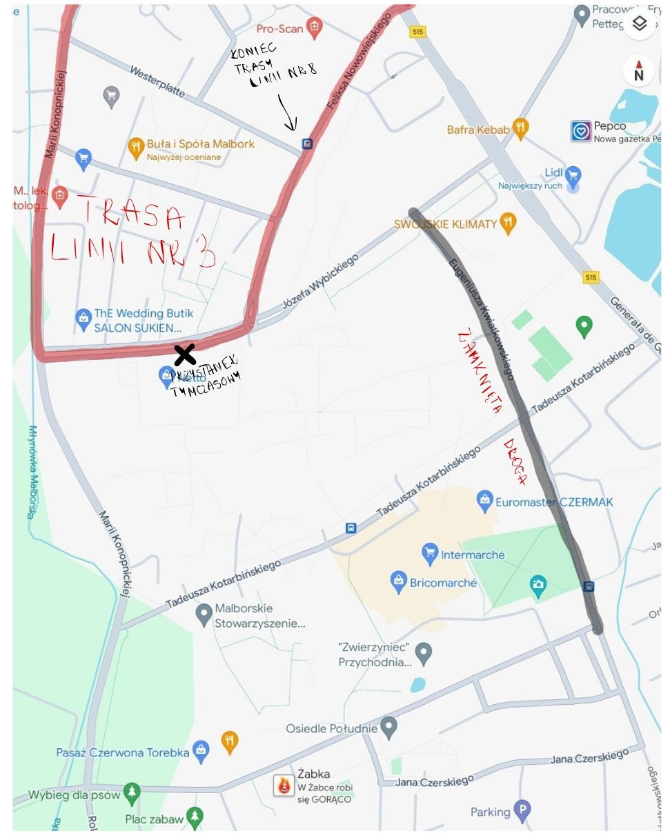 Malbork. Czasowy objazd na trasach linii autobusowej nr 3 i 8.
