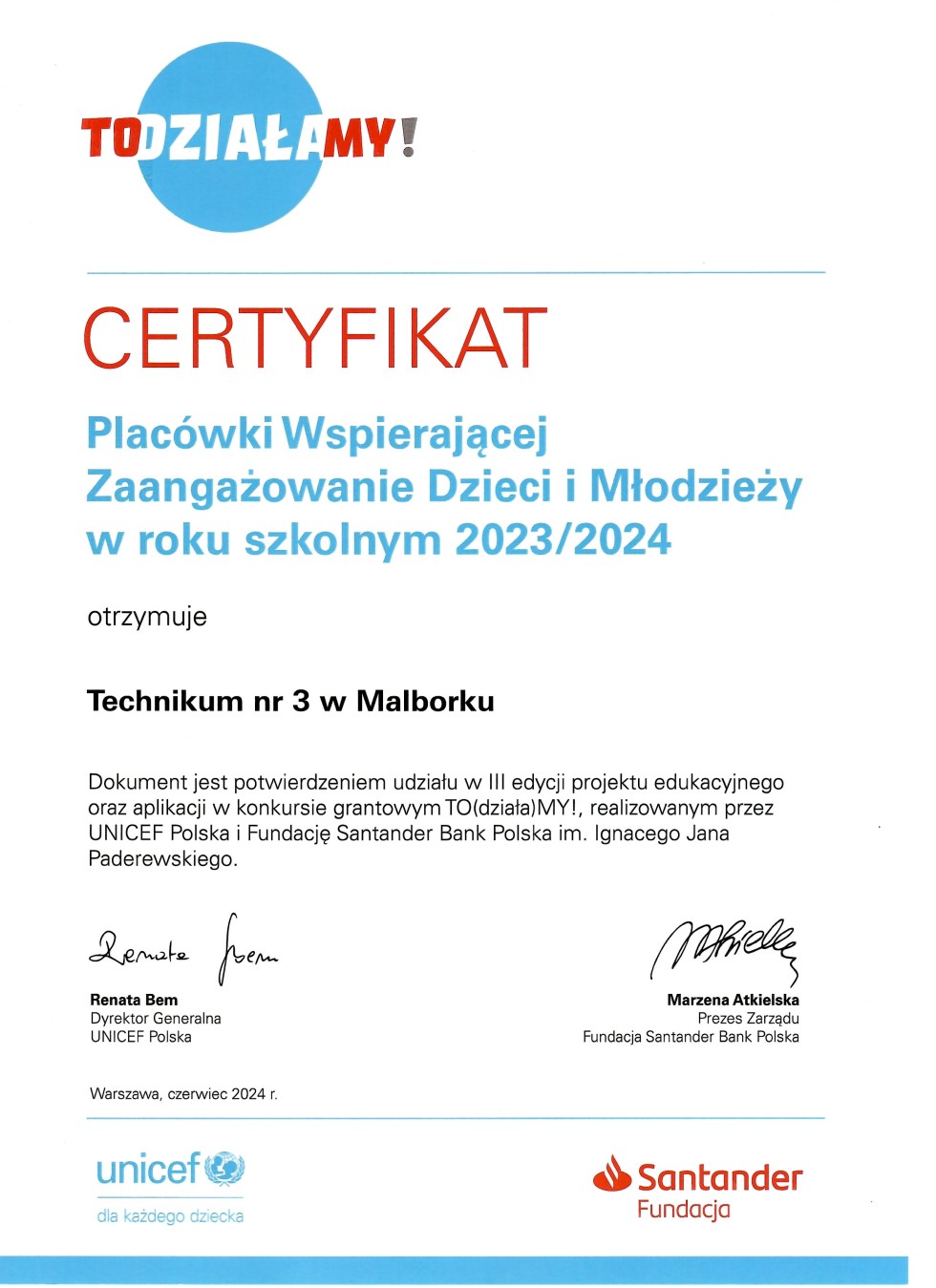Malbork. Technikum nr 3 z certyfikatem UNICEF Polska.