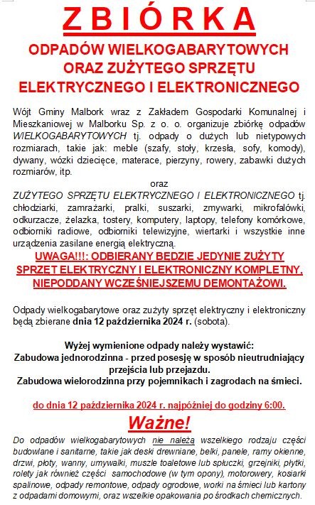 Gmina Malbork. 12 października zbiórka odpadów wielkogabarytowych oraz zużytego sprzętu elektrycznego i elektronicznego.