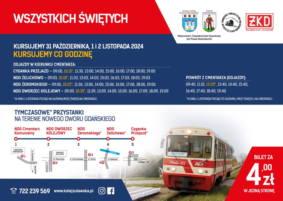W okresie Wszystkich Świętych pociągi Żuławskiej Kolei Dojazdowej w Nowym Dworze Gdańskim będą kursowały na trasie Cyganka Przejazd – Nowy Dwór Gdański Cmentarz Komunalny.