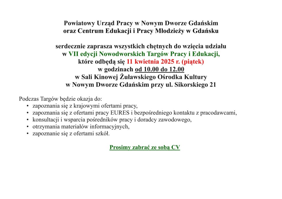 VII Nowodworskie Targi Pracy i Edukacji – zaproszenie do udziału.