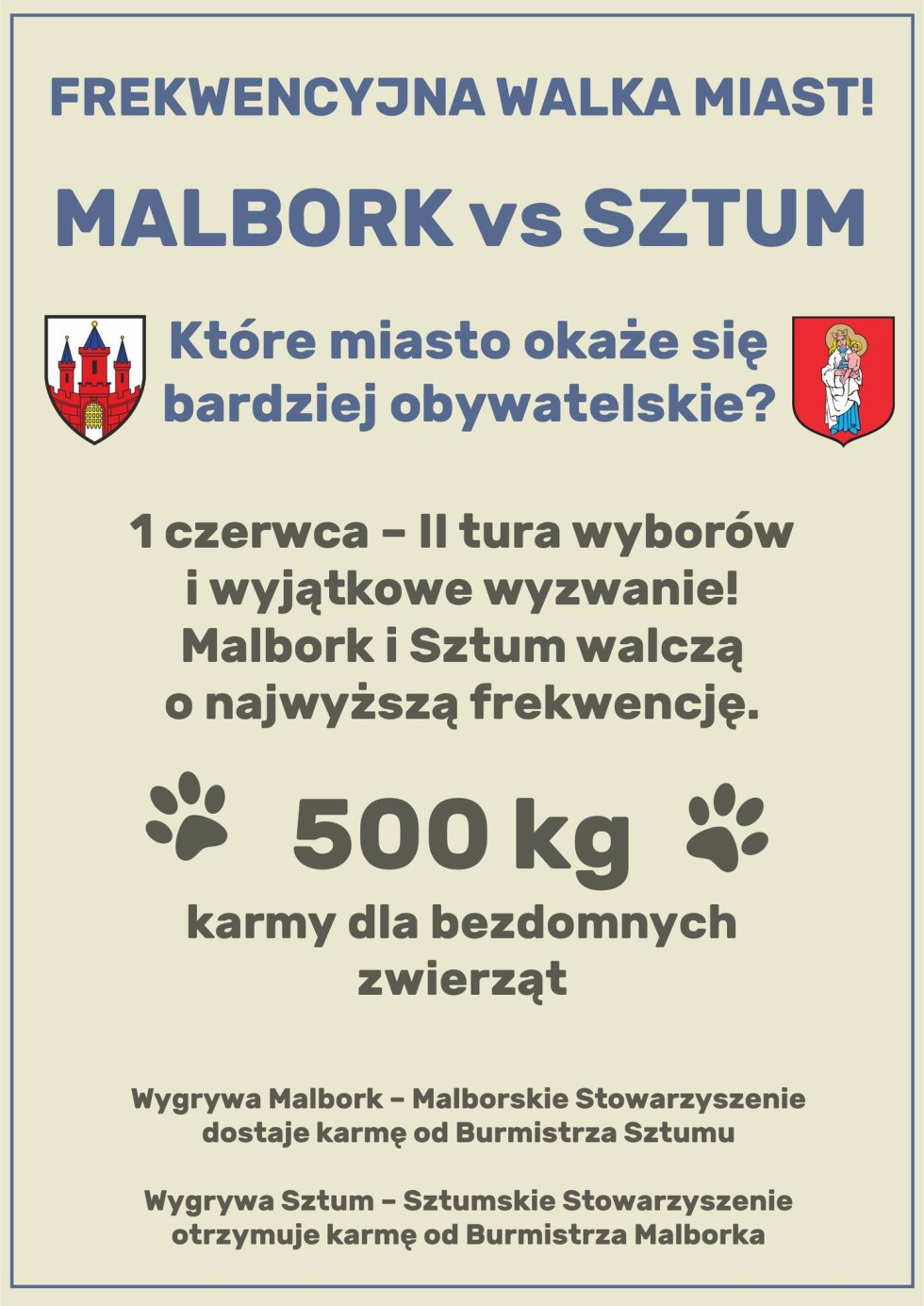 Malbork wygrywa frekwencyjne starcie z Sztumem - 500 kg karmy dla lokalnych zwierzaków.